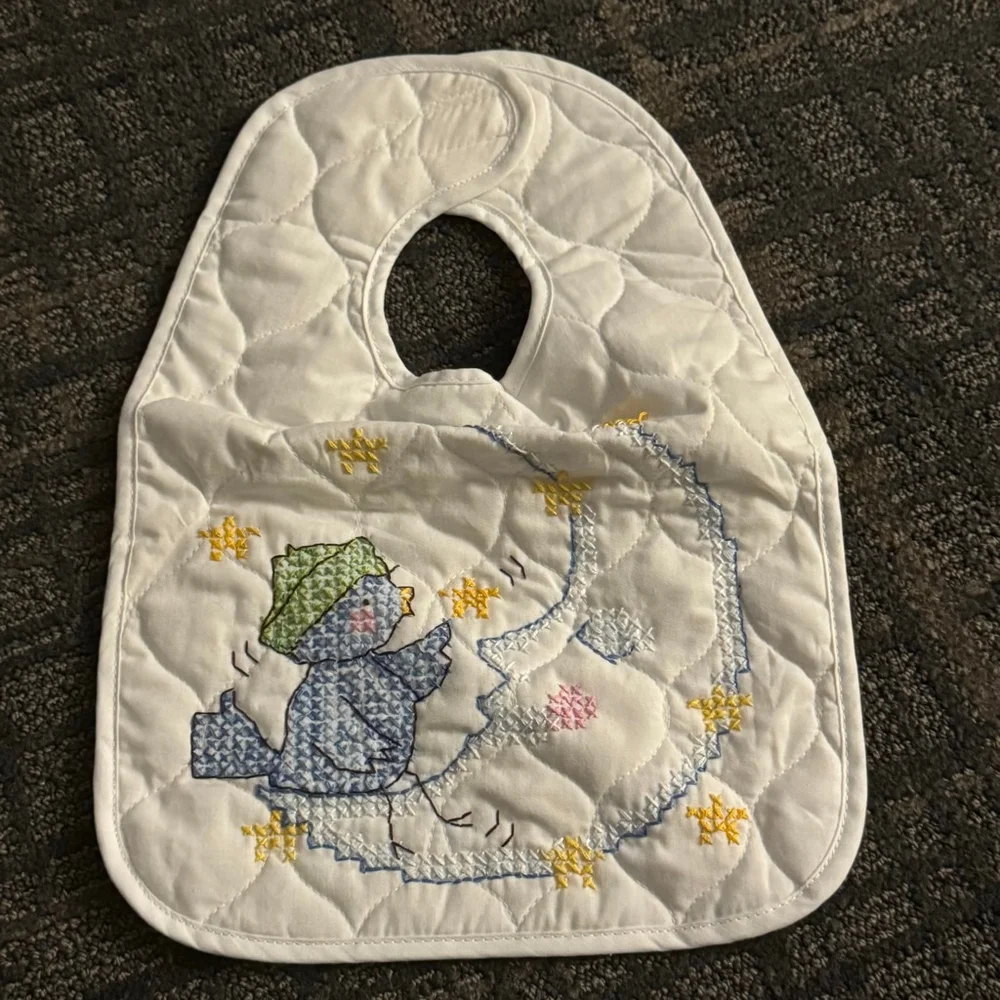 Handmade Quilted Baby Bib – Embroidered Duck & Moon Design | Soft Cotton | Vinta